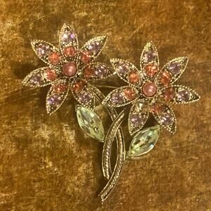 Graziano Brooch Gold Tone Flowers w/ Pastel Rhinestones READ DESCRIPTION